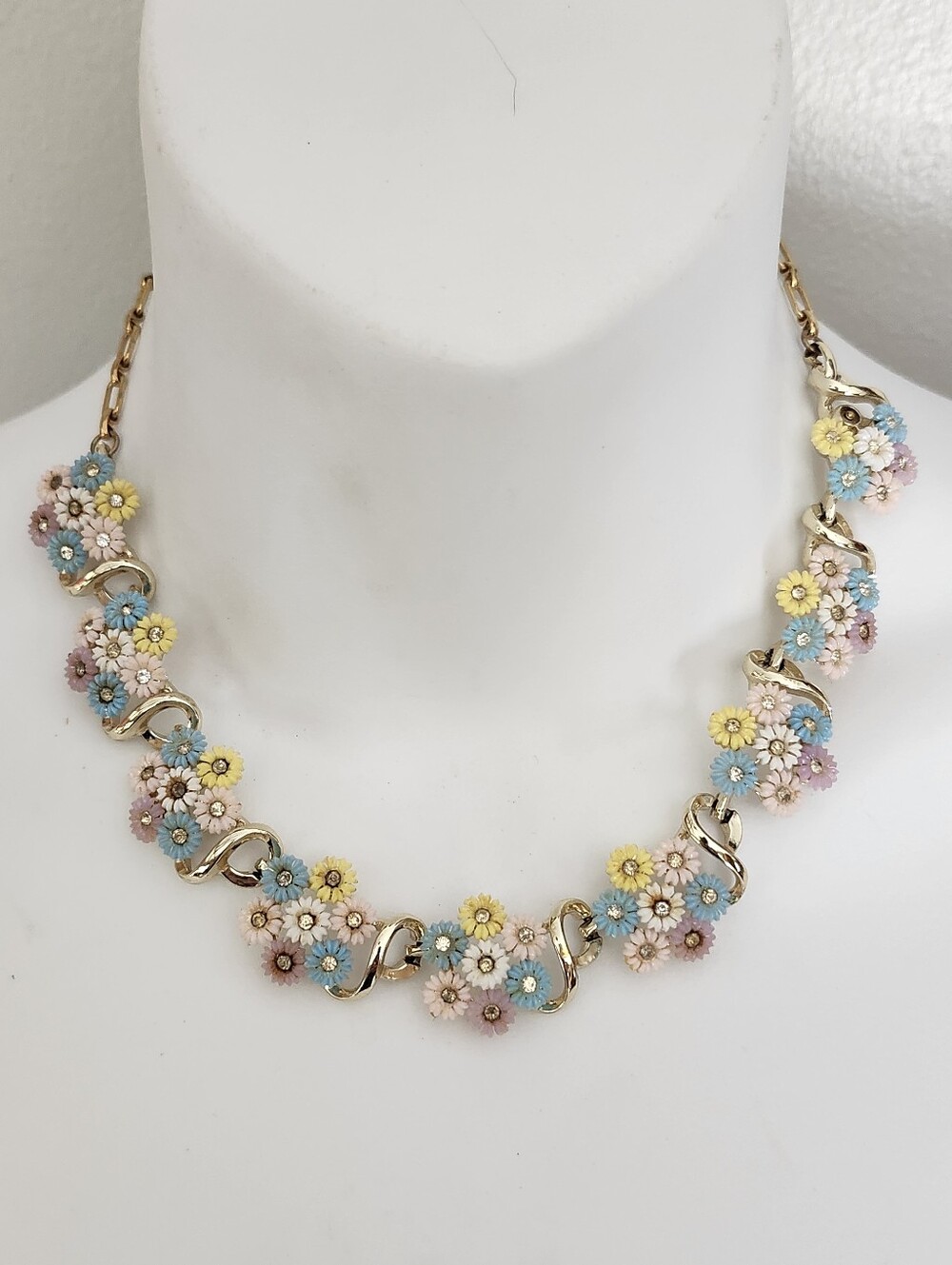 Vtg Pastel Floral Gold-Tone Necklace - Pink, Blue & Yellow - Picture 1 of 16